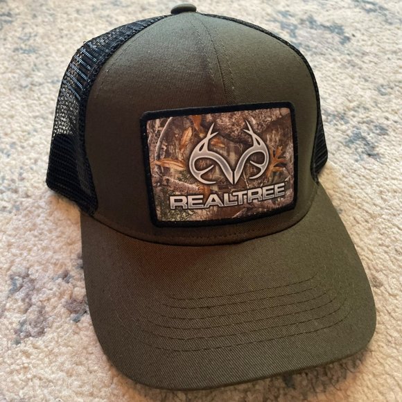 REALTREE | NWT Olive Army Green & Black Mesh Snapback Hat Camo Antler Logo Patch - Picture 1 of 8